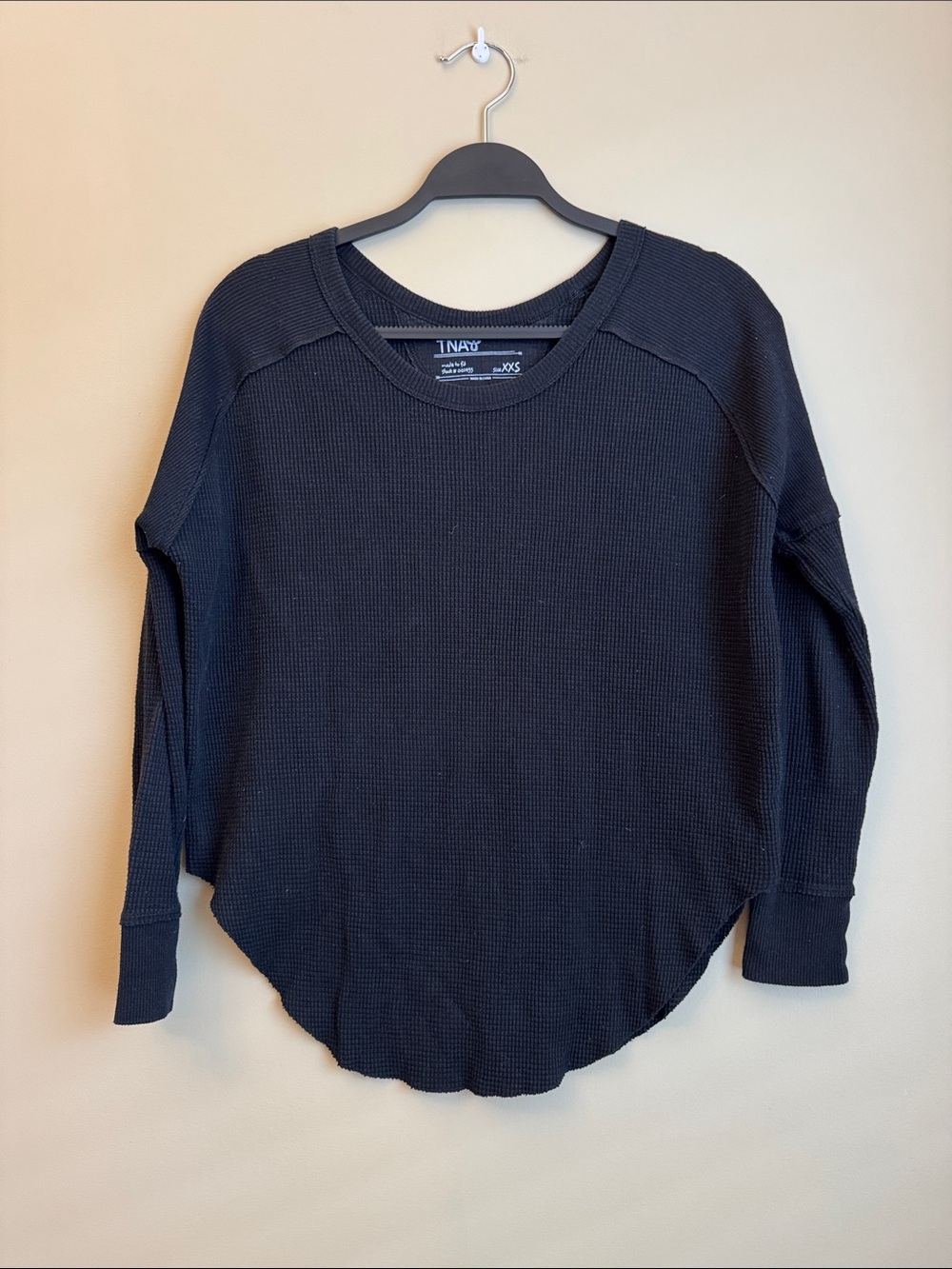 TNA Black Oversized Waffle Knit Long Sleeve Crew Top Size XXS